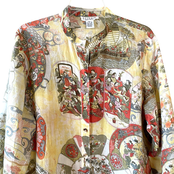 CITRON SANTA MONICA Size XL Linen Button-Up 3/4 Sleeve Asian Print Tunic Top - Picture 3 of 6